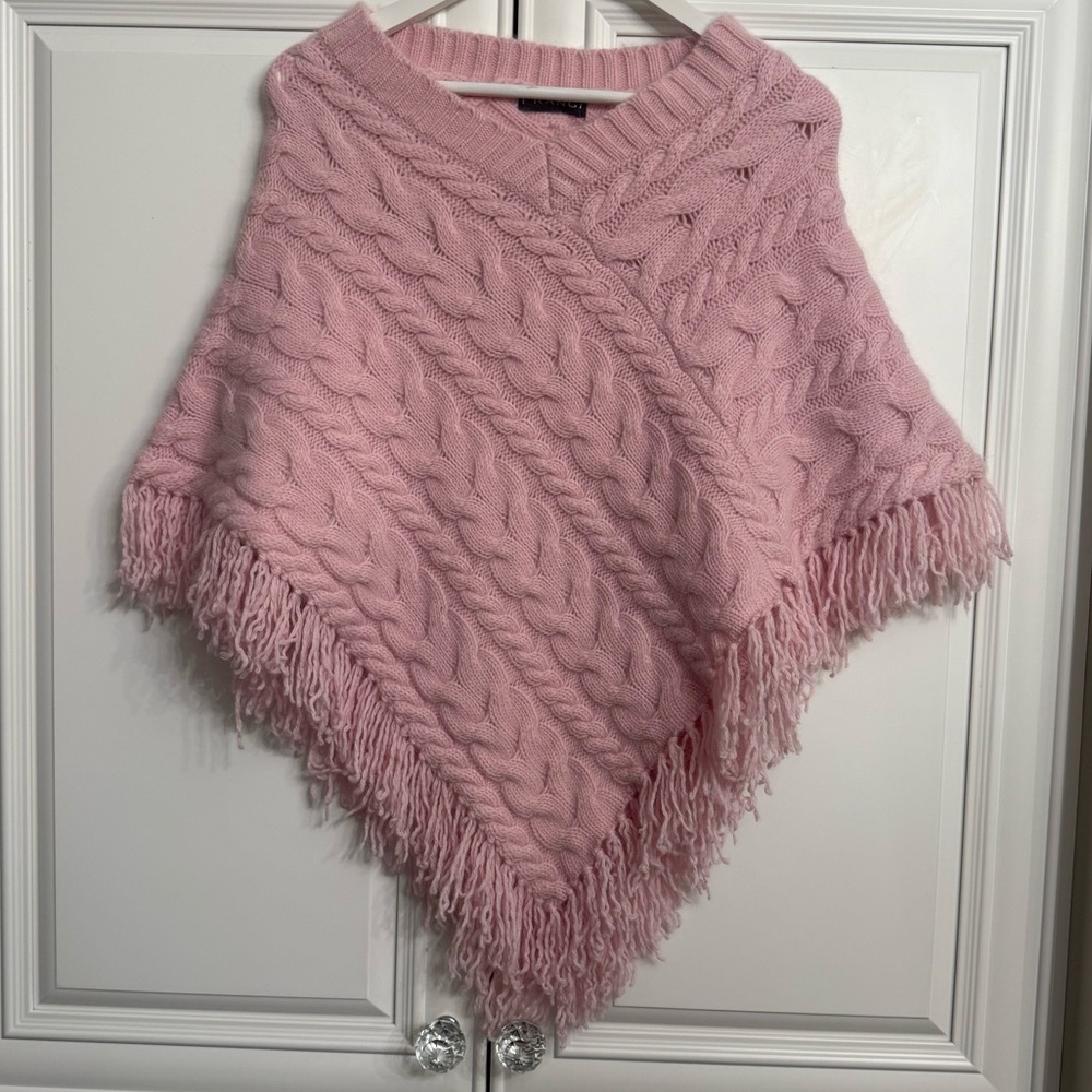 FRANGI Girl’s Small/Medium Fit Pink V-Neck Cable Knit Poncho with Fringe